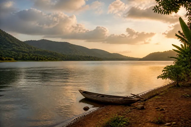 Pirogue au bord du lac de Samaya sous la lumière dorée du soir